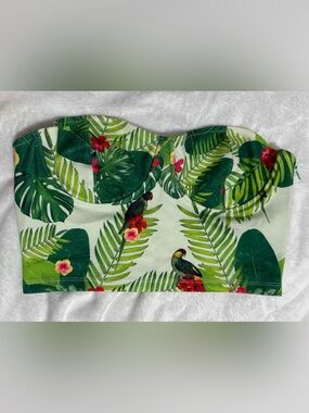 Zara Tropical Green Leaf Print Crop Top with Pink & Red Accents